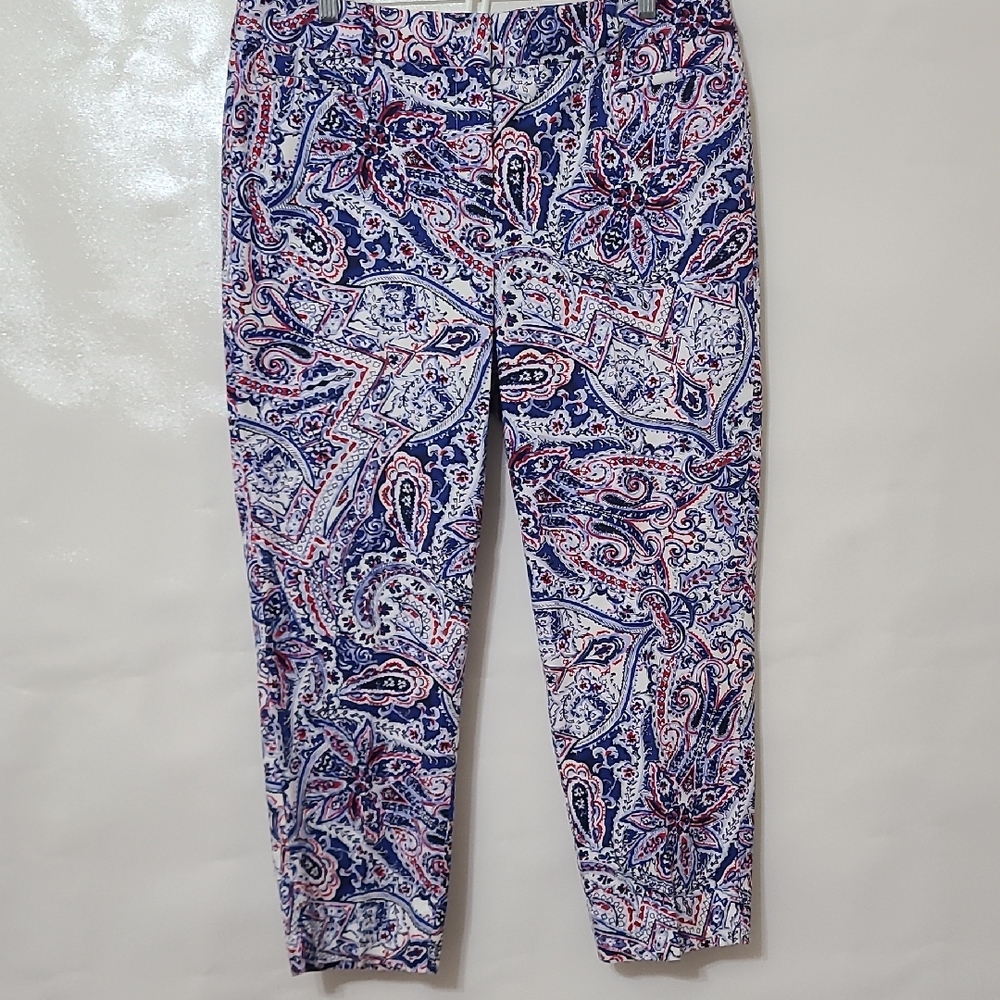 TALBOTS Blue and Red‎ Paisley Cotton & Spandex Crop Pants - Size 12